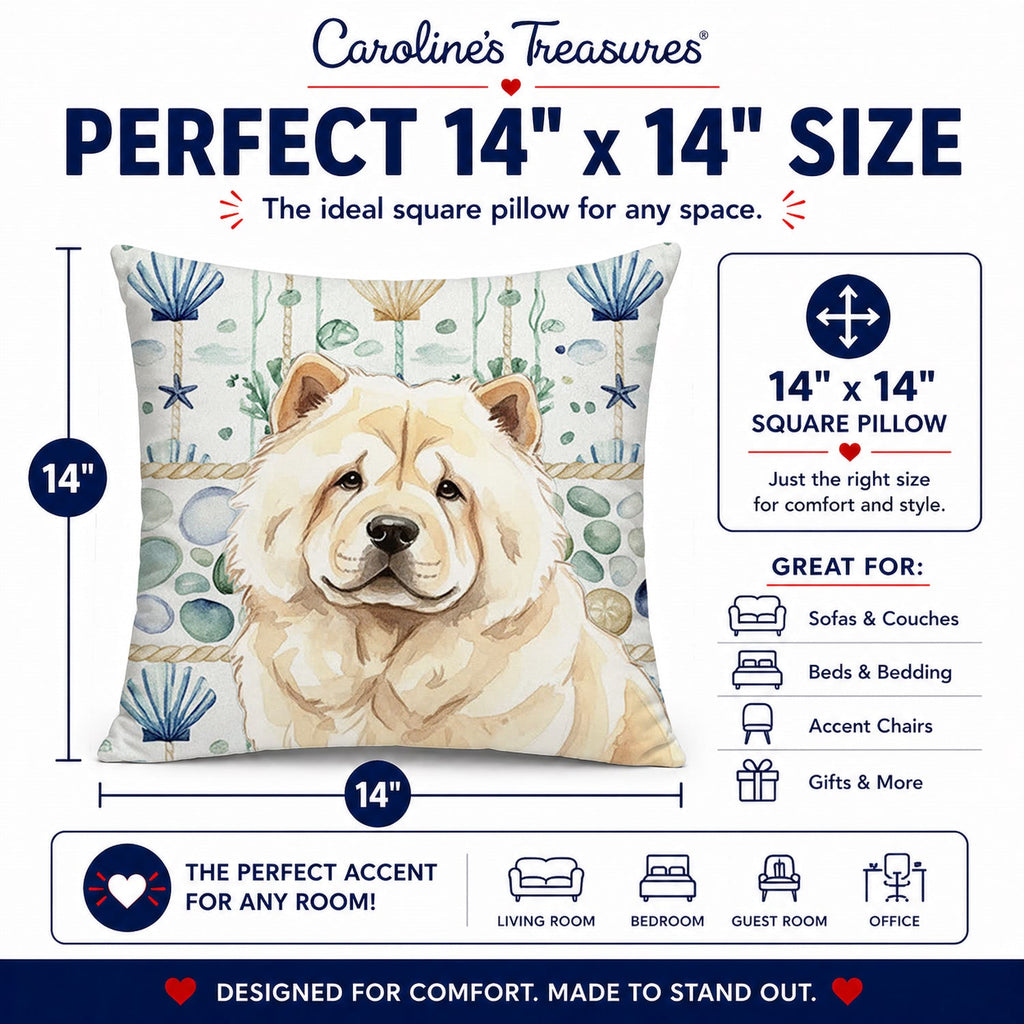 Cream Chow Chow Coastal Sea Glass Decorative Throw Pillow 14x14 Indoor Outdoor Accent Cushion, Fabric Cover with Insert for Sofa, Bed, Porch & Living Room