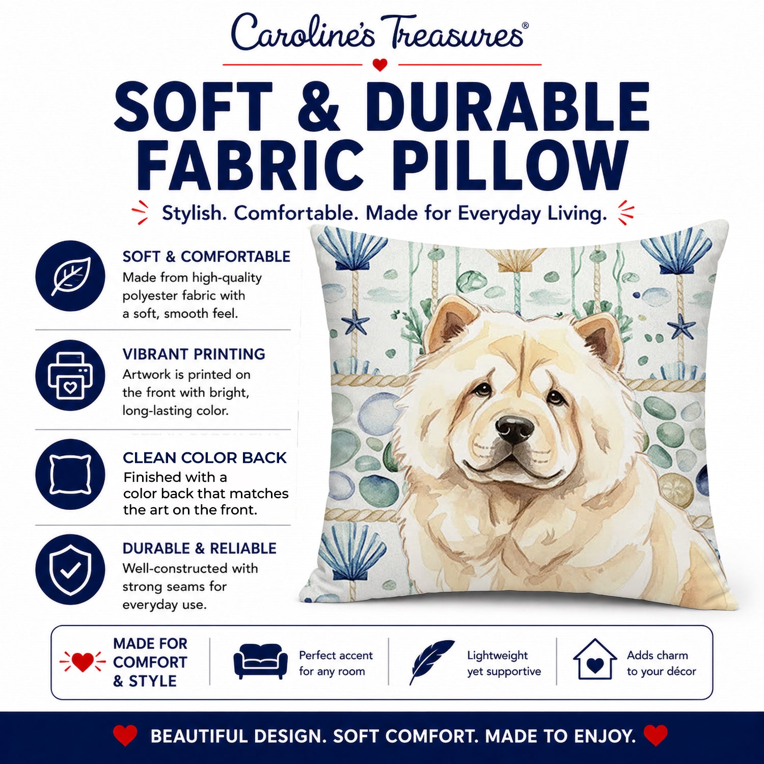 Cream Chow Chow Coastal Sea Glass Decorative Throw Pillow 18x18 Indoor Outdoor Accent Cushion, Fabric Cover with Insert for Sofa, Bed, Porch & Living Room