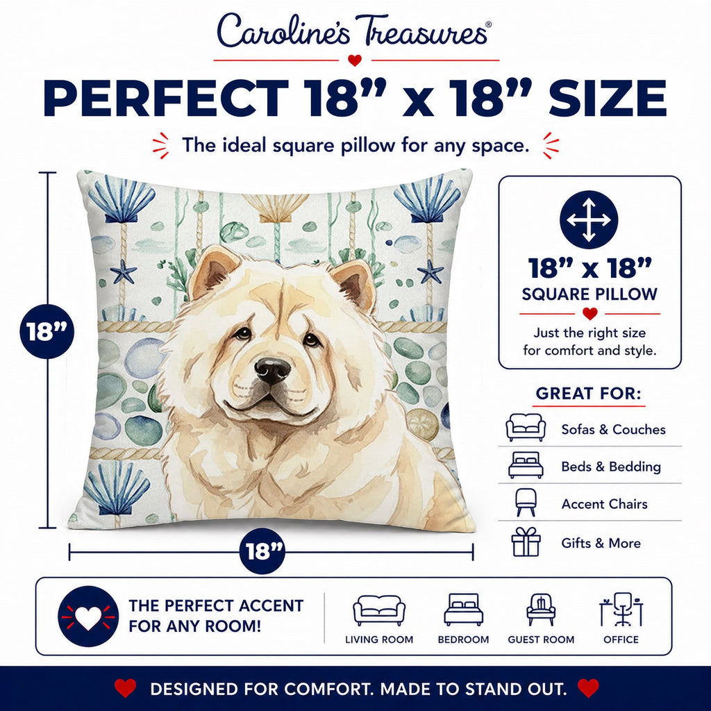Cream Chow Chow Coastal Sea Glass Decorative Throw Pillow 18x18 Indoor Outdoor Accent Cushion, Fabric Cover with Insert for Sofa, Bed, Porch & Living Room