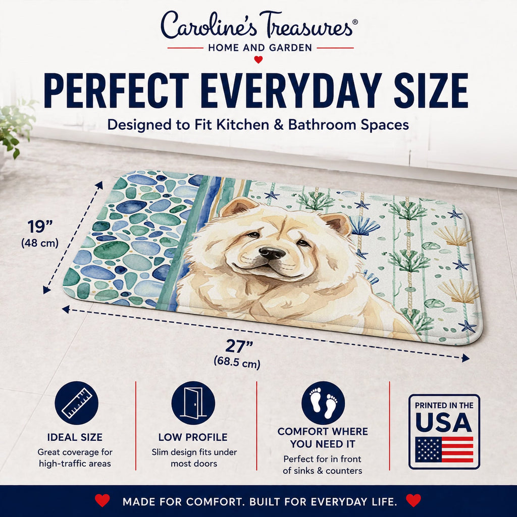 Cream Chow Chow Coastal Sea Glass Memory Foam Kitchen Mat Machine Washable Anti-Fatigue Cushion Comfort Bath or Kitchen Rug