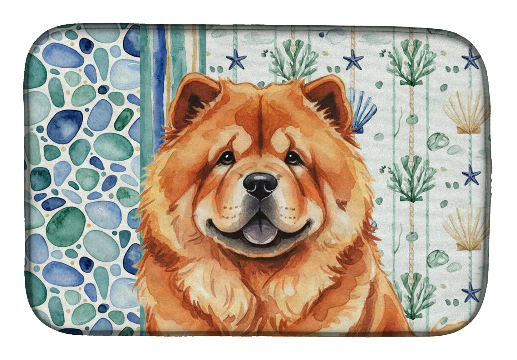 Red Chow Chow Coastal Sea Glass Dish Drying Mat Absorbent Dish Drying Mat Pad for Kitchen Counter Dish Drainer Mat for Countertop, 14 x 21", Multicolor