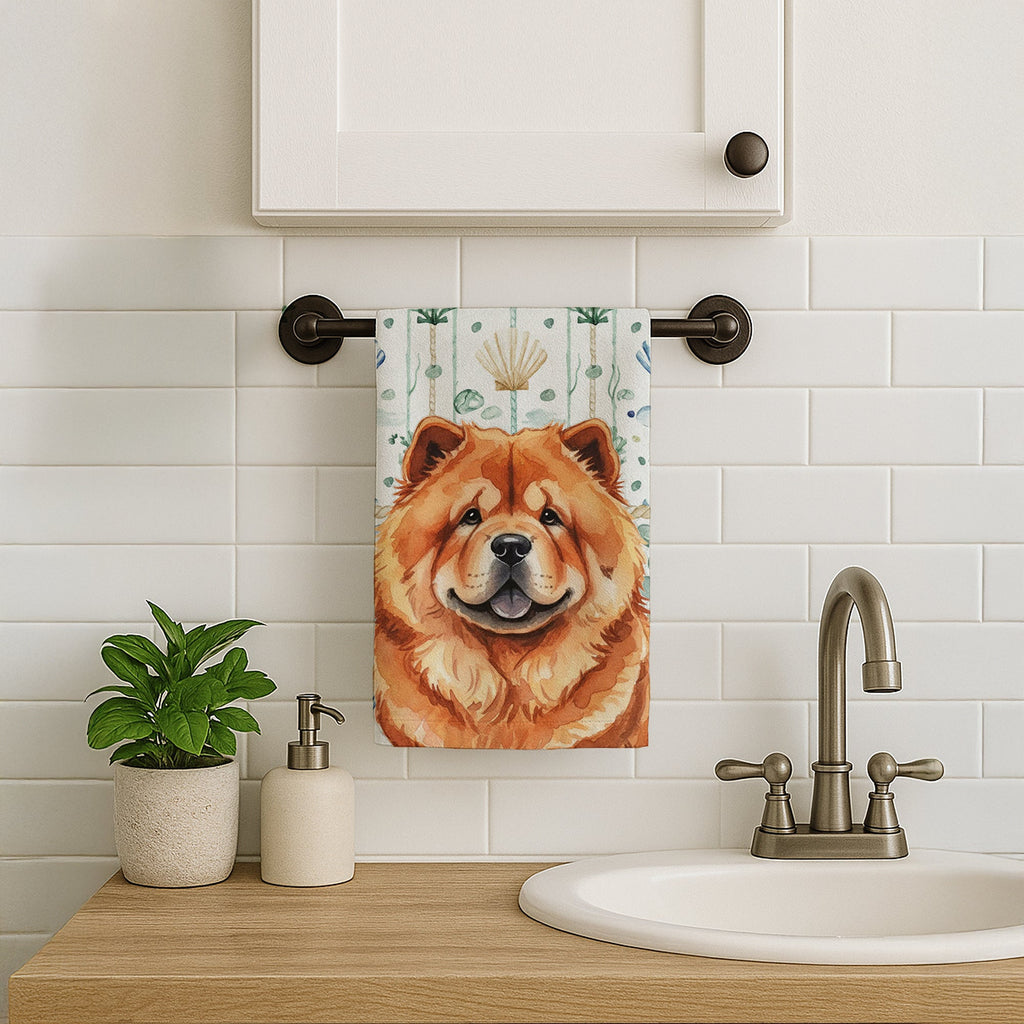 Red Chow Chow Coastal Sea Glass Kitchen Towel Velour Plush Front and Cotton Loop Back Machine Washable