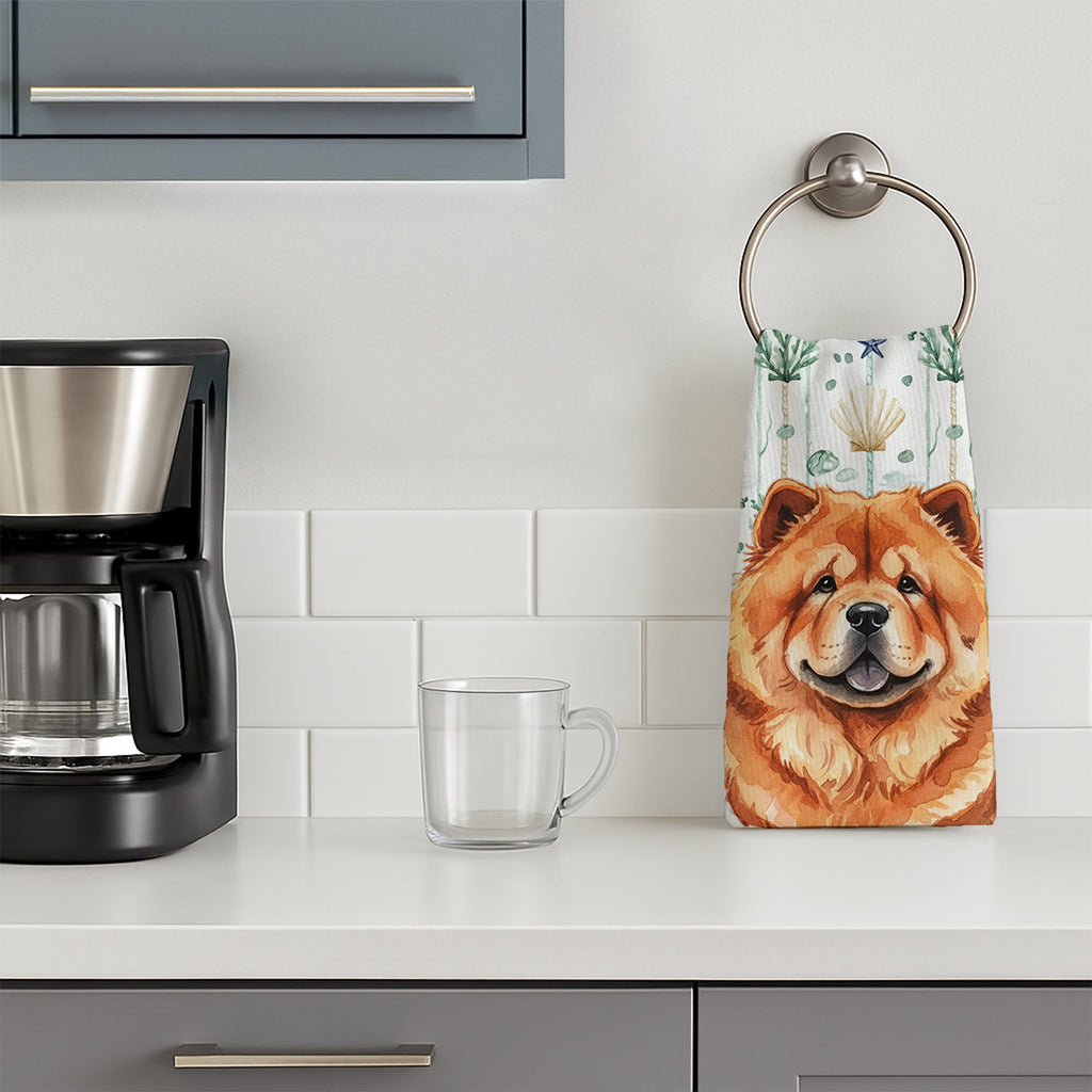Red Chow Chow Coastal Sea Glass Kitchen Towel Velour Plush Front and Cotton Loop Back Machine Washable