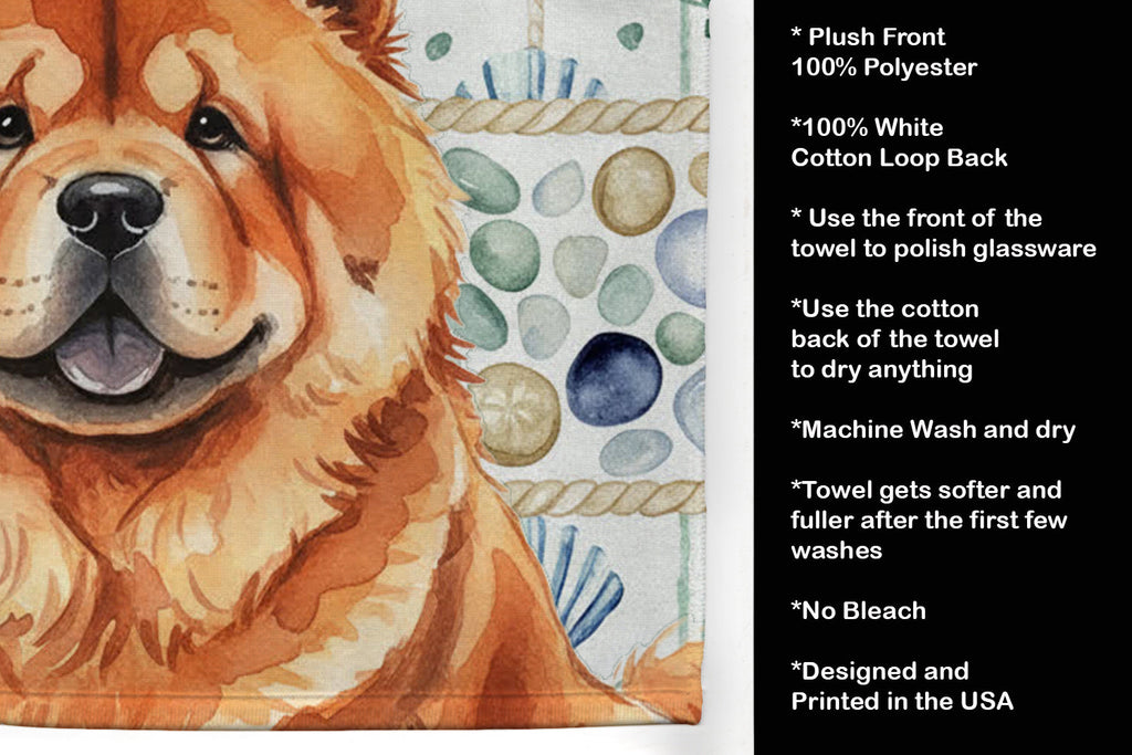 Red Chow Chow Coastal Sea Glass Kitchen Towel Velour Plush Front and Cotton Loop Back Machine Washable