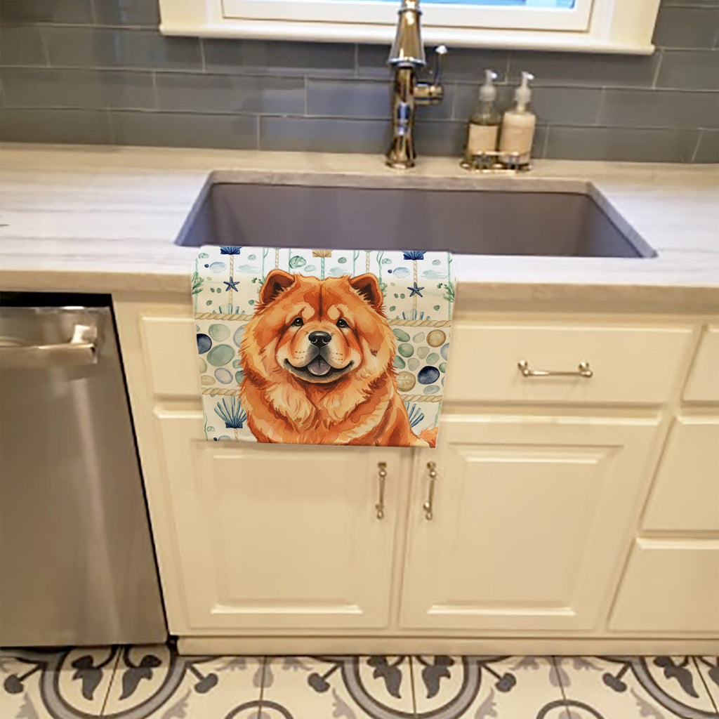 Red Chow Chow Coastal Sea Glass Kitchen Towel Velour Plush Front and Cotton Loop Back Machine Washable