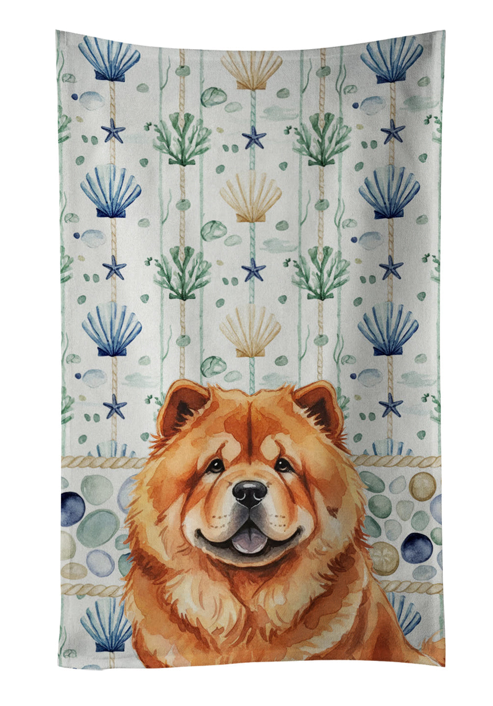 Red Chow Chow Coastal Sea Glass Kitchen Towel Velour Plush Front and Cotton Loop Back Machine Washable