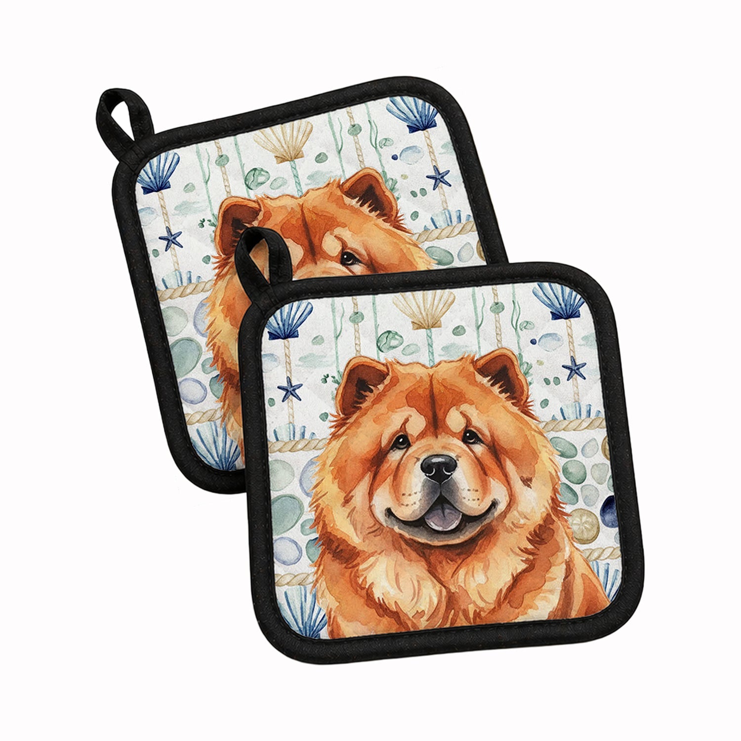 Red Chow Chow Coastal Sea Glass Pot Holder Set of 2 Heat Resistant Quilted Hot Pads 7.5 x 7.5 Inch, Insulated Kitchen Trivets for Cooking & Baking