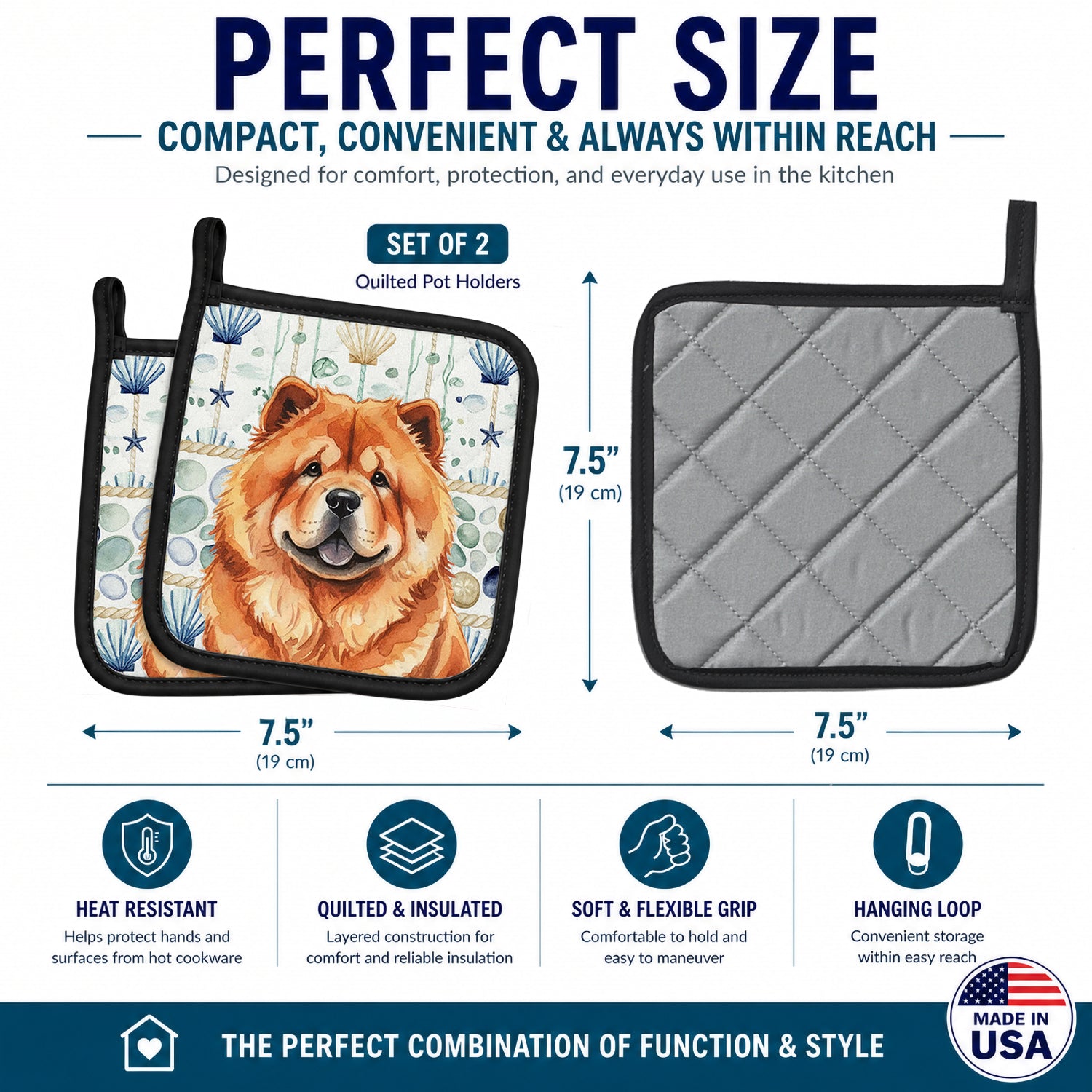 Red Chow Chow Coastal Sea Glass Pot Holder Set of 2 Heat Resistant Quilted Hot Pads 7.5 x 7.5 Inch, Insulated Kitchen Trivets for Cooking & Baking