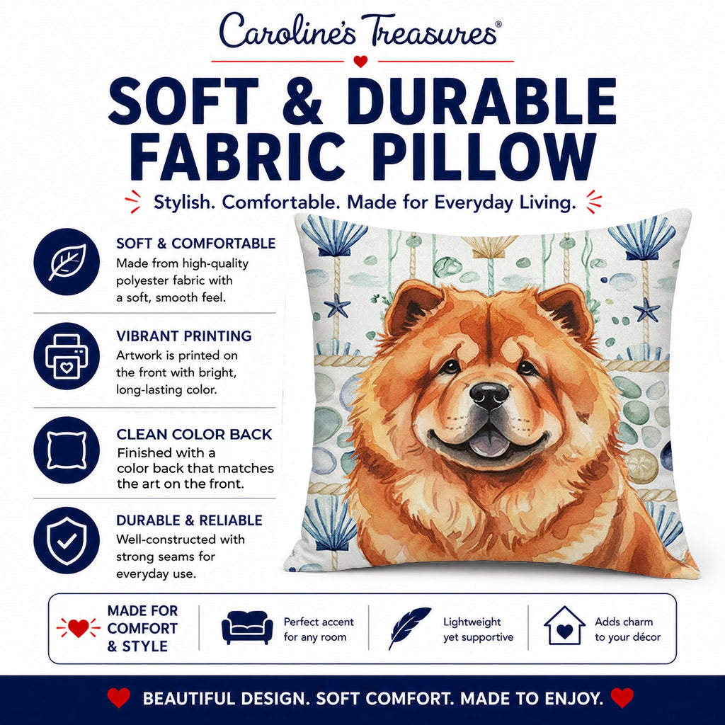 Red Chow Chow Coastal Sea Glass Decorative Throw Pillow 14x14 Indoor Outdoor Accent Cushion, Fabric Cover with Insert for Sofa, Bed, Porch & Living Room