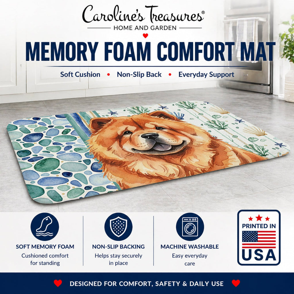 Red Chow Chow Coastal Sea Glass Memory Foam Kitchen Mat Machine Washable Anti-Fatigue Cushion Comfort Bath or Kitchen Rug