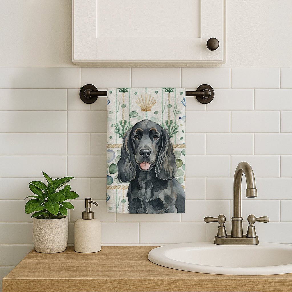 Black Cocker Spaniel Coastal Sea Glass Kitchen Towel Velour Plush Front and Cotton Loop Back Machine Washable