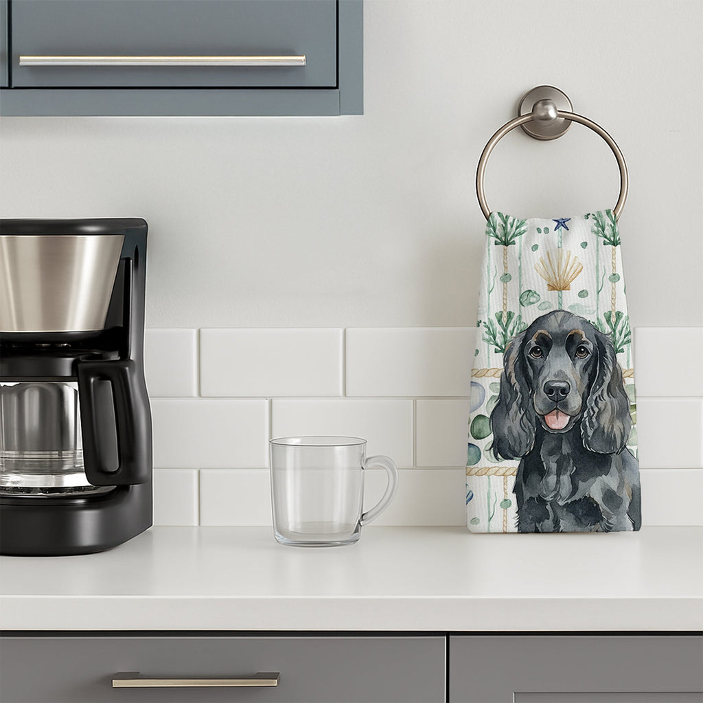 Black Cocker Spaniel Coastal Sea Glass Kitchen Towel Velour Plush Front and Cotton Loop Back Machine Washable