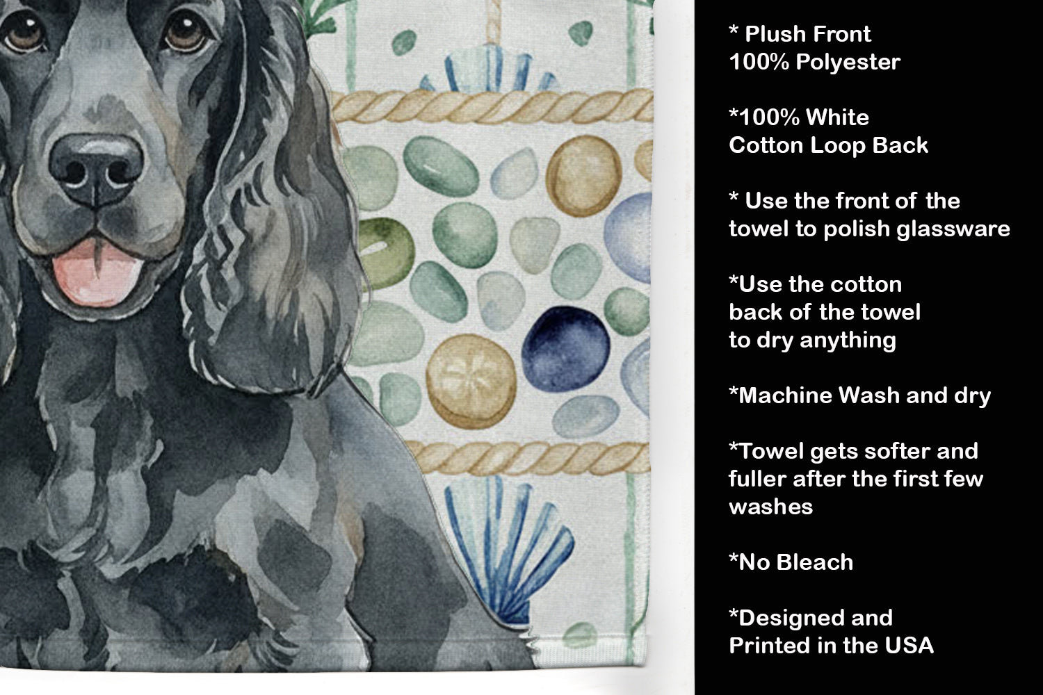 Black Cocker Spaniel Coastal Sea Glass Kitchen Towel Velour Plush Front and Cotton Loop Back Machine Washable