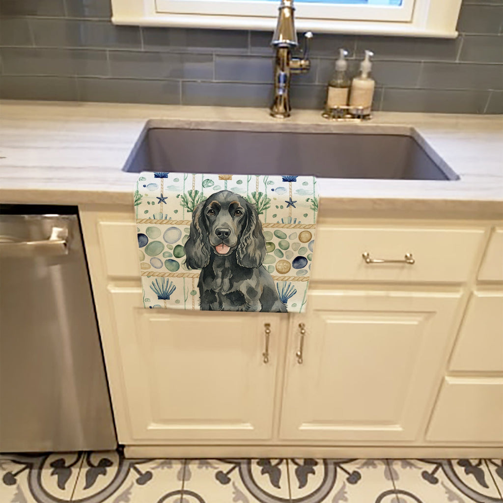 Black Cocker Spaniel Coastal Sea Glass Kitchen Towel Velour Plush Front and Cotton Loop Back Machine Washable