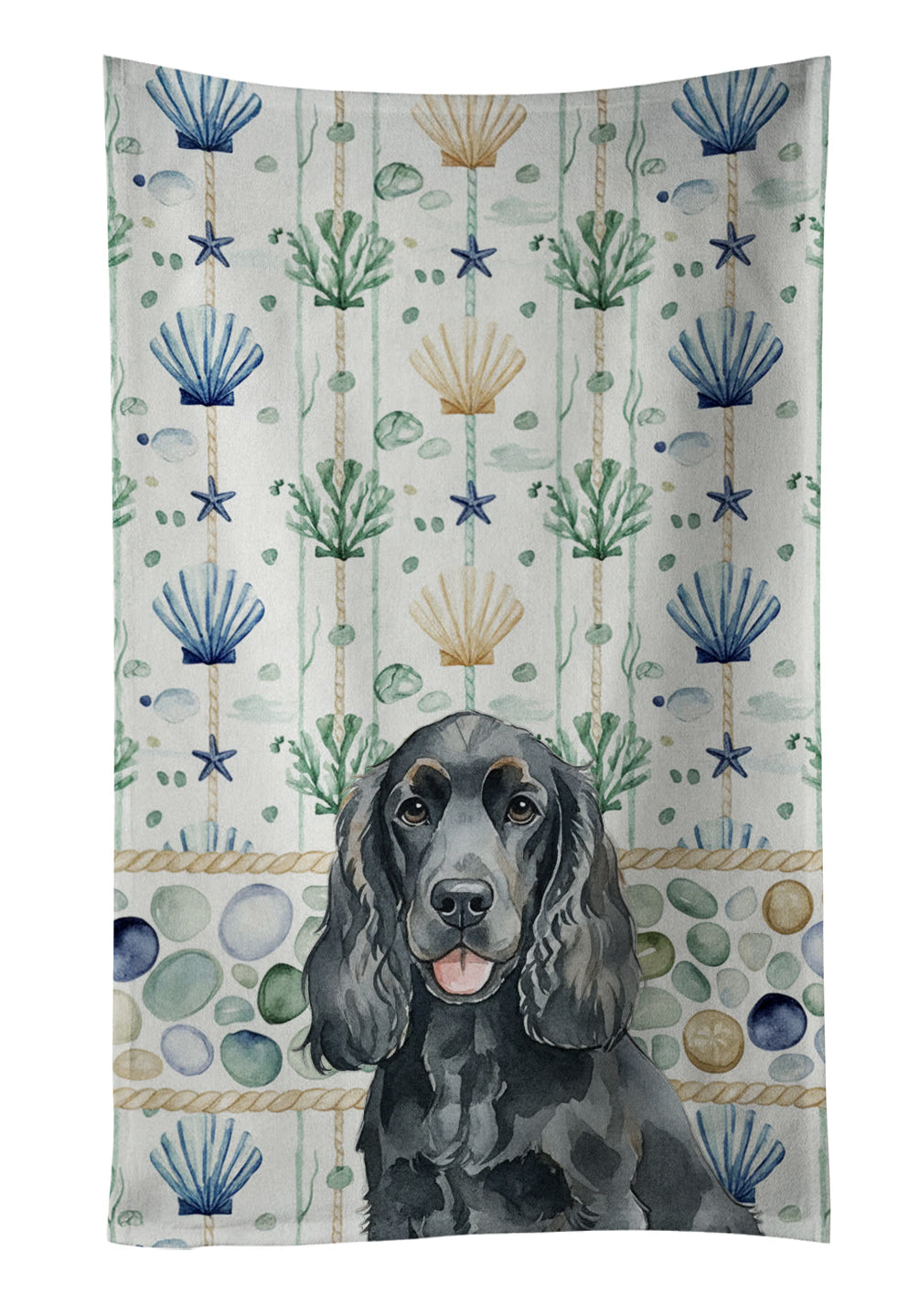 Black Cocker Spaniel Coastal Sea Glass Kitchen Towel Velour Plush Front and Cotton Loop Back Machine Washable