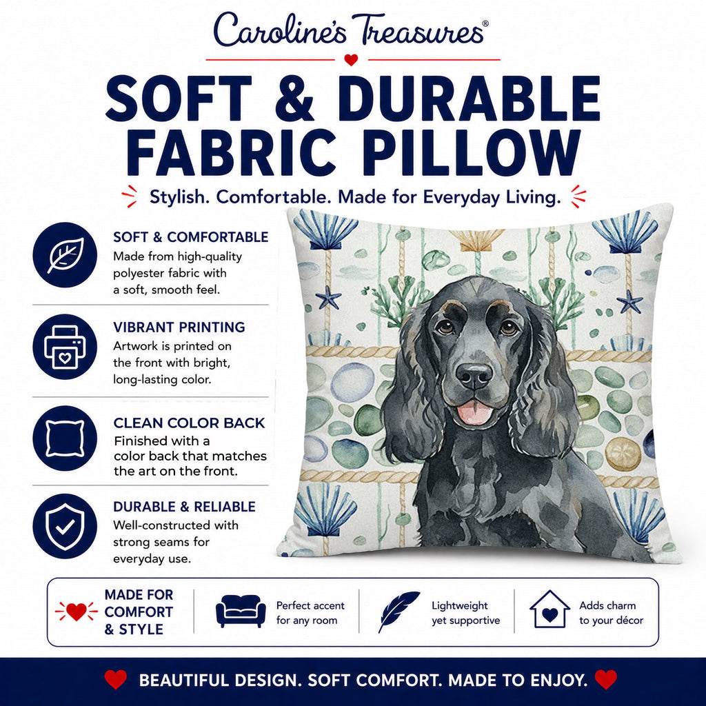 Black Cocker Spaniel Coastal Sea Glass Decorative Throw Pillow 14x14 Indoor Outdoor Accent Cushion, Fabric Cover with Insert for Sofa, Bed, Porch & Living Room