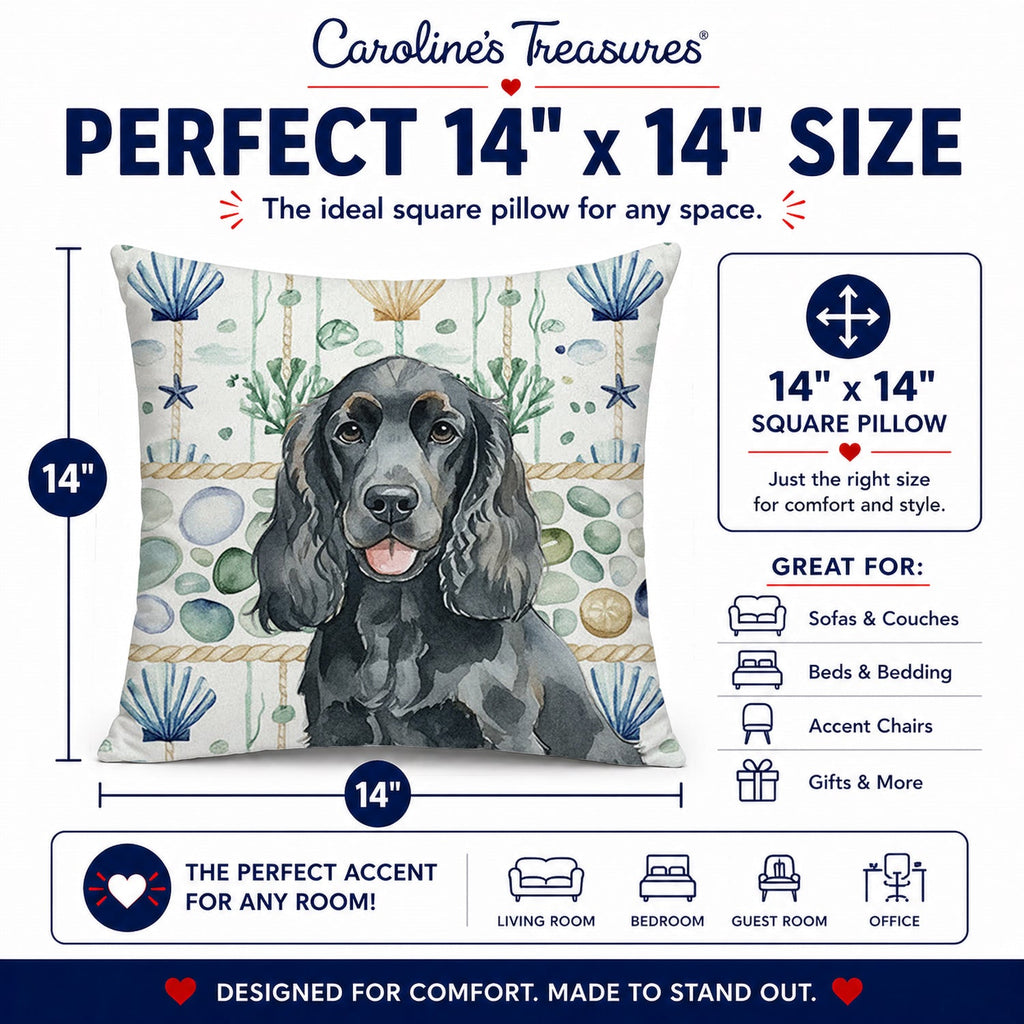 Black Cocker Spaniel Coastal Sea Glass Decorative Throw Pillow 14x14 Indoor Outdoor Accent Cushion, Fabric Cover with Insert for Sofa, Bed, Porch & Living Room