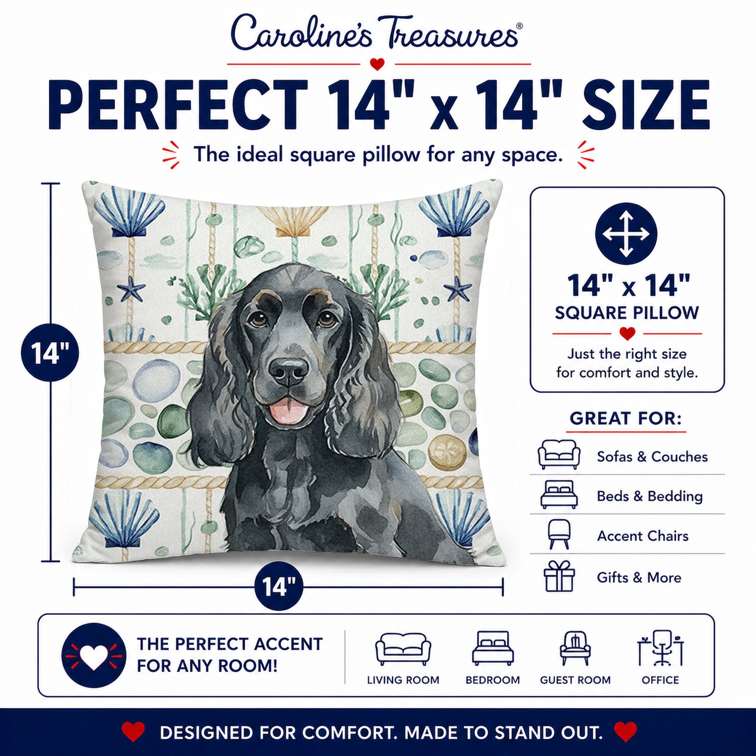 Black Cocker Spaniel Coastal Sea Glass Decorative Throw Pillow 14x14 Indoor Outdoor Accent Cushion, Fabric Cover with Insert for Sofa, Bed, Porch & Living Room