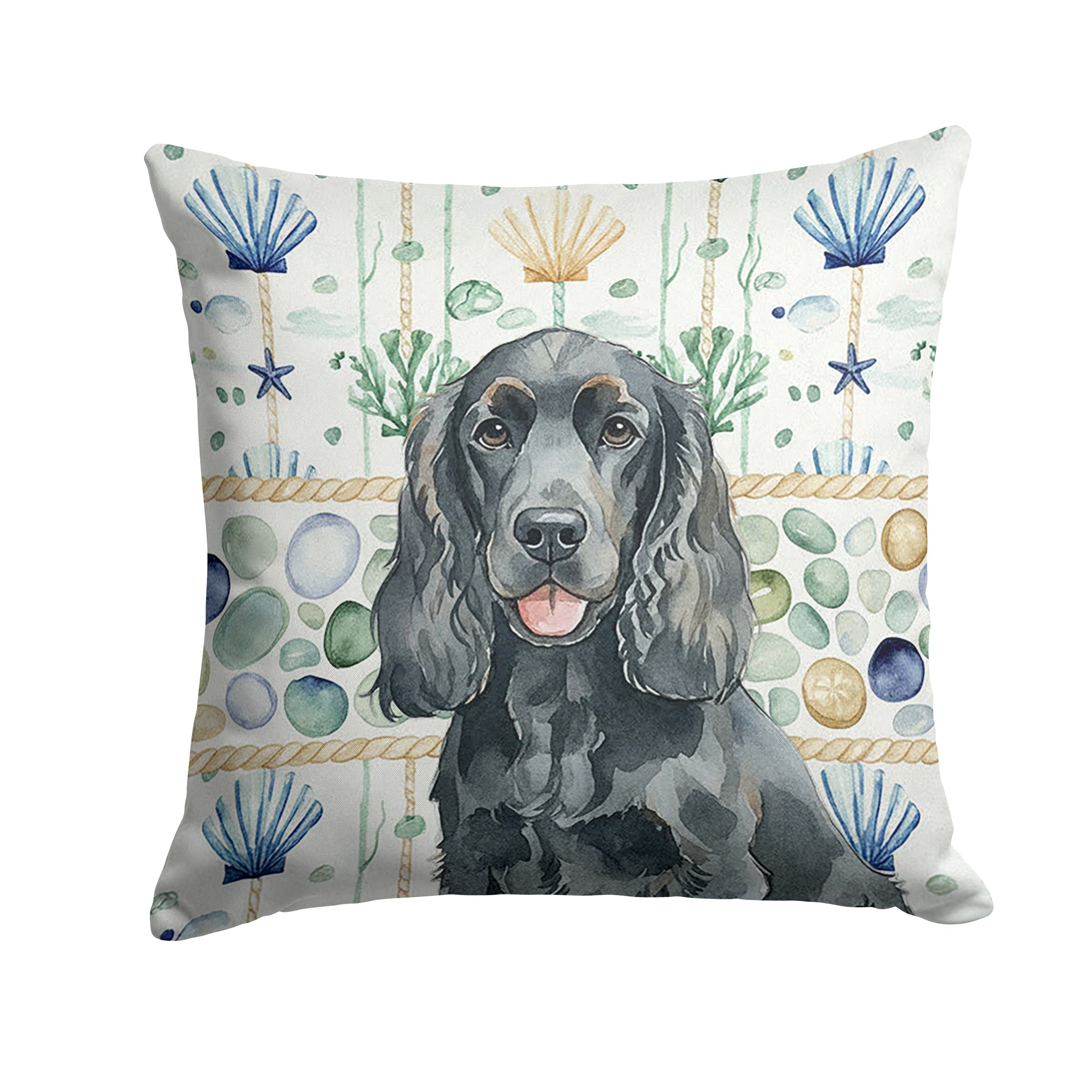 Black Cocker Spaniel Coastal Sea Glass Decorative Throw Pillow 18x18 Indoor Outdoor Accent Cushion, Fabric Cover with Insert for Sofa, Bed, Porch & Living Room
