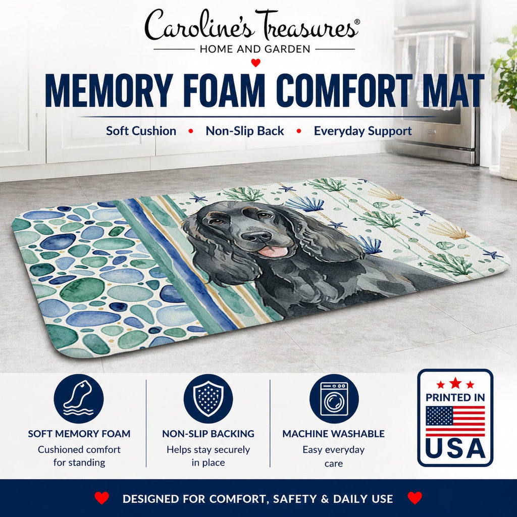 Black Cocker Spaniel Coastal Sea Glass Memory Foam Kitchen Mat Machine Washable Anti-Fatigue Cushion Comfort Bath or Kitchen Rug