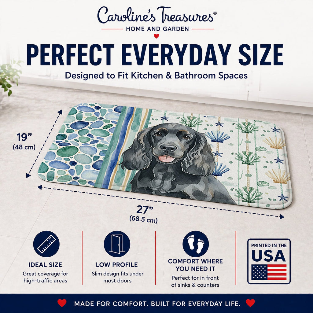 Black Cocker Spaniel Coastal Sea Glass Memory Foam Kitchen Mat Machine Washable Anti-Fatigue Cushion Comfort Bath or Kitchen Rug