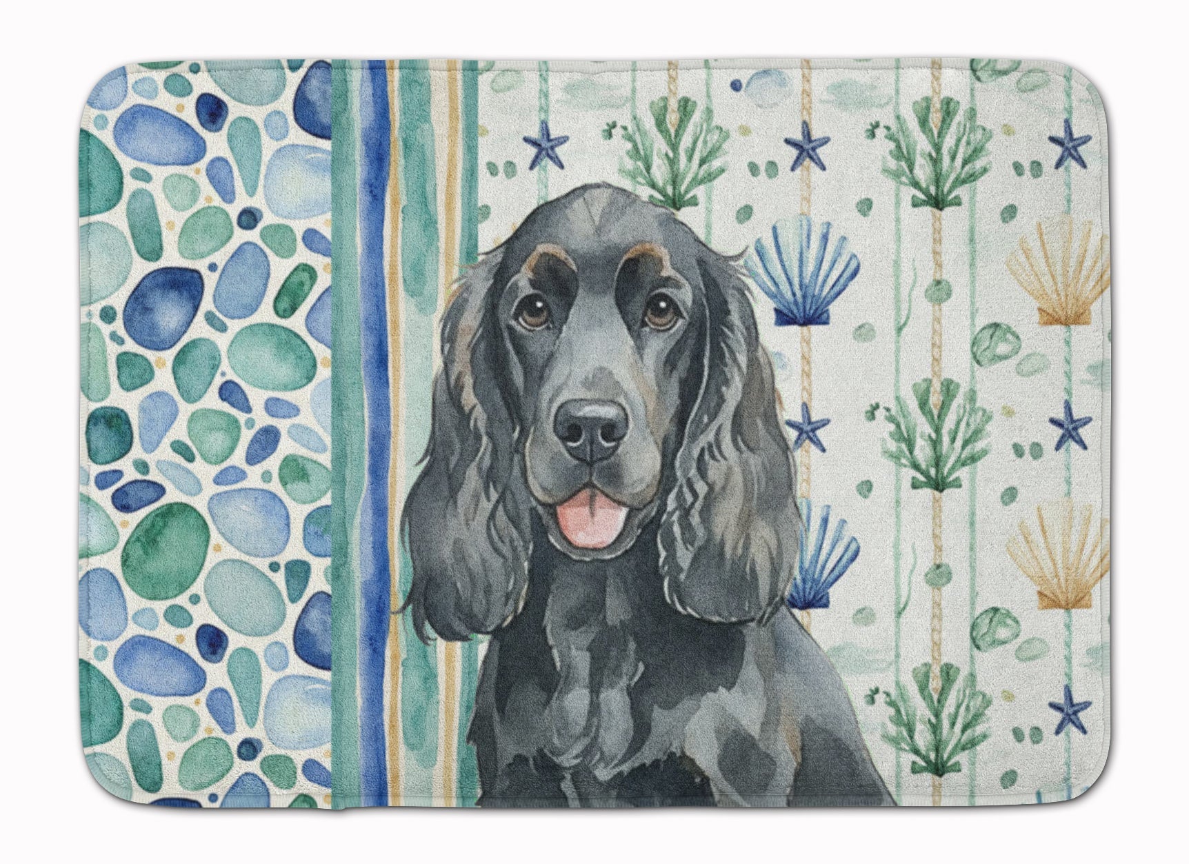 Black Cocker Spaniel Coastal Sea Glass Memory Foam Kitchen Mat Machine Washable Anti-Fatigue Cushion Comfort Bath or Kitchen Rug