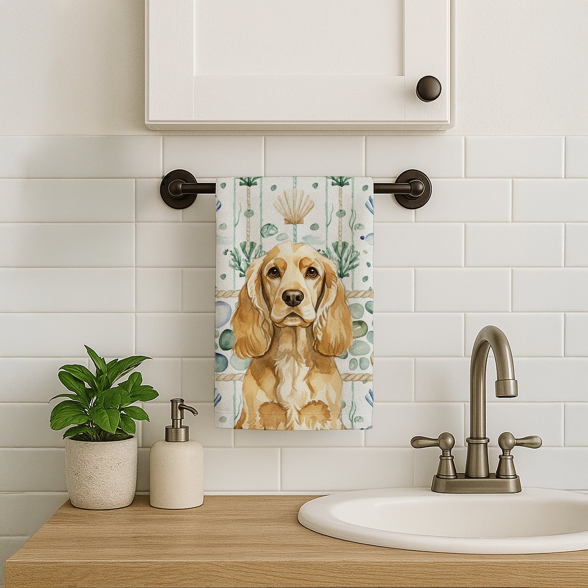 Buff Cocker Spaniel Coastal Sea Glass Kitchen Towel Velour Plush Front and Cotton Loop Back Machine Washable