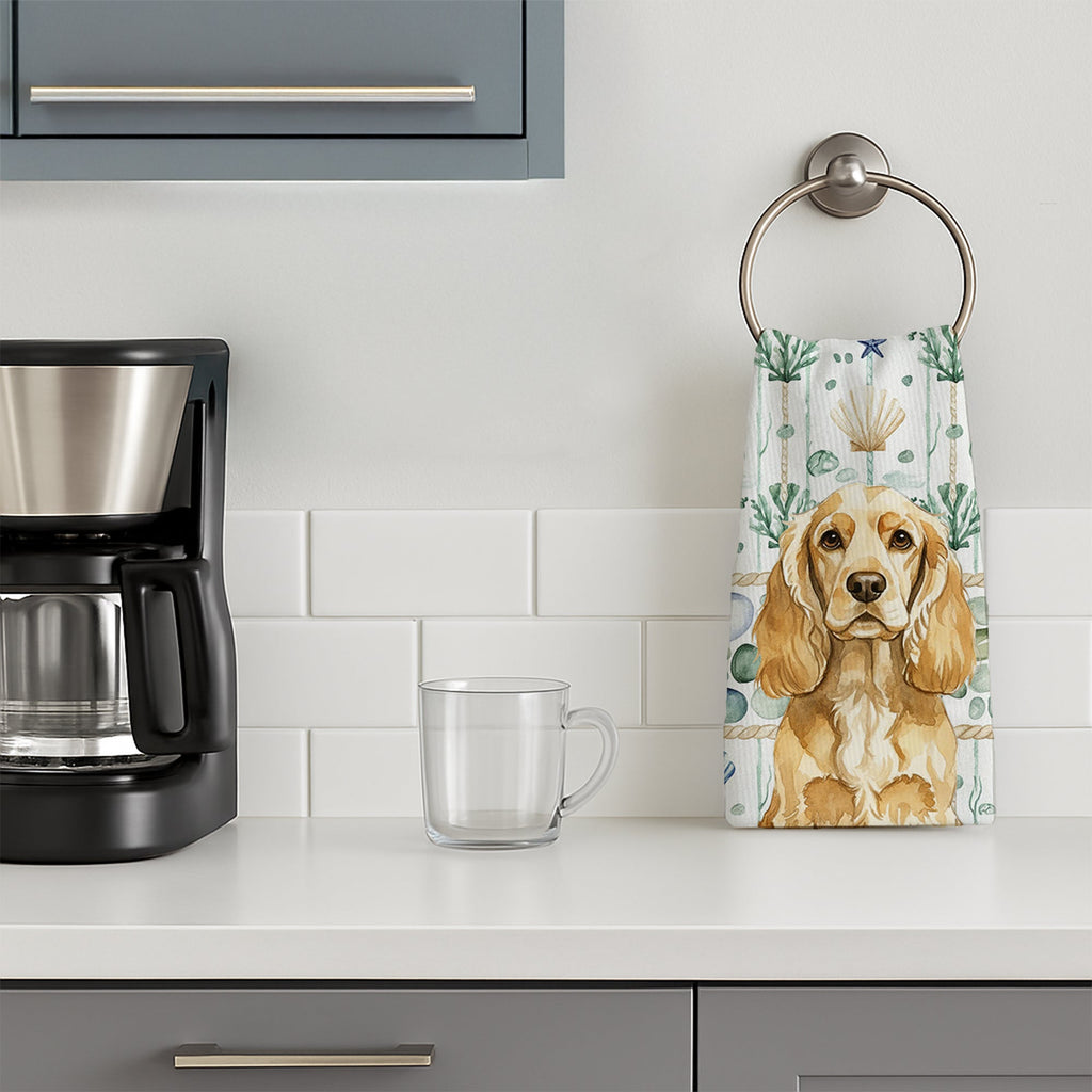 Buff Cocker Spaniel Coastal Sea Glass Kitchen Towel Velour Plush Front and Cotton Loop Back Machine Washable