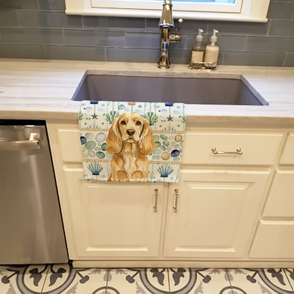 Buff Cocker Spaniel Coastal Sea Glass Kitchen Towel Velour Plush Front and Cotton Loop Back Machine Washable
