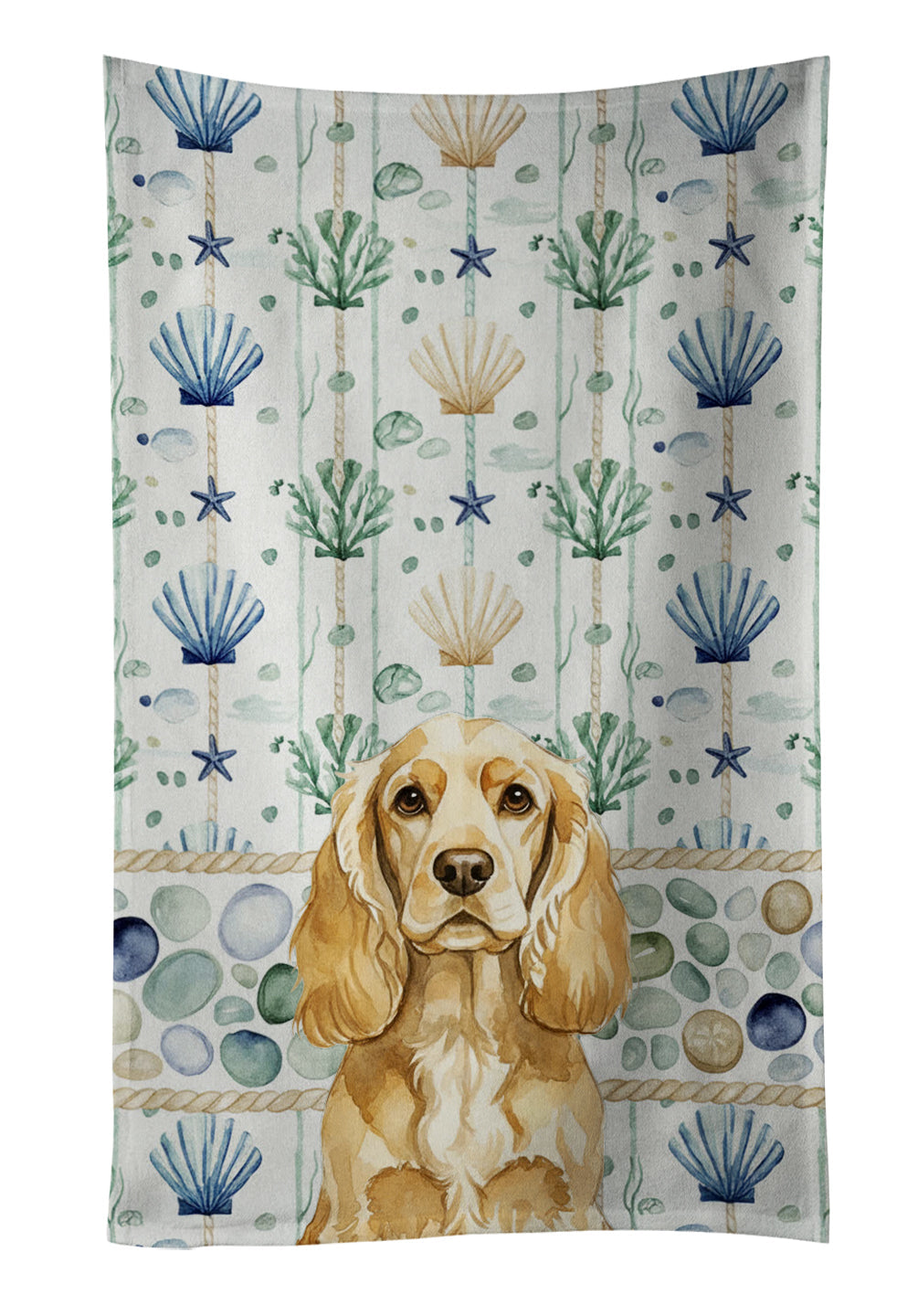 Buff Cocker Spaniel Coastal Sea Glass Kitchen Towel Velour Plush Front and Cotton Loop Back Machine Washable