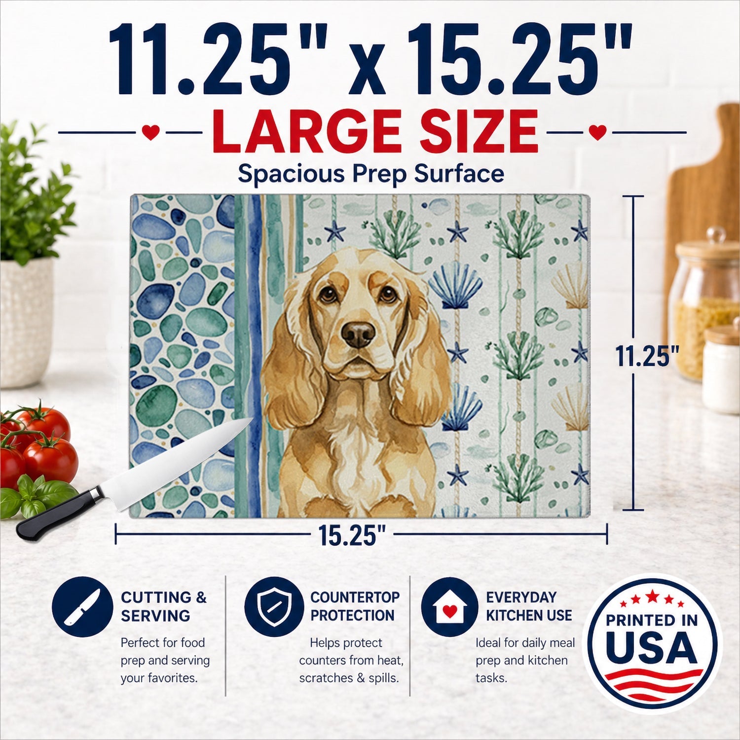 Buff Cocker Spaniel Coastal Sea Glass Cutting Board Tempered Glass Kitchen Cutting Surface, Heat Resistant Chopping, Non-Slip Feet, Food Prep & Serving