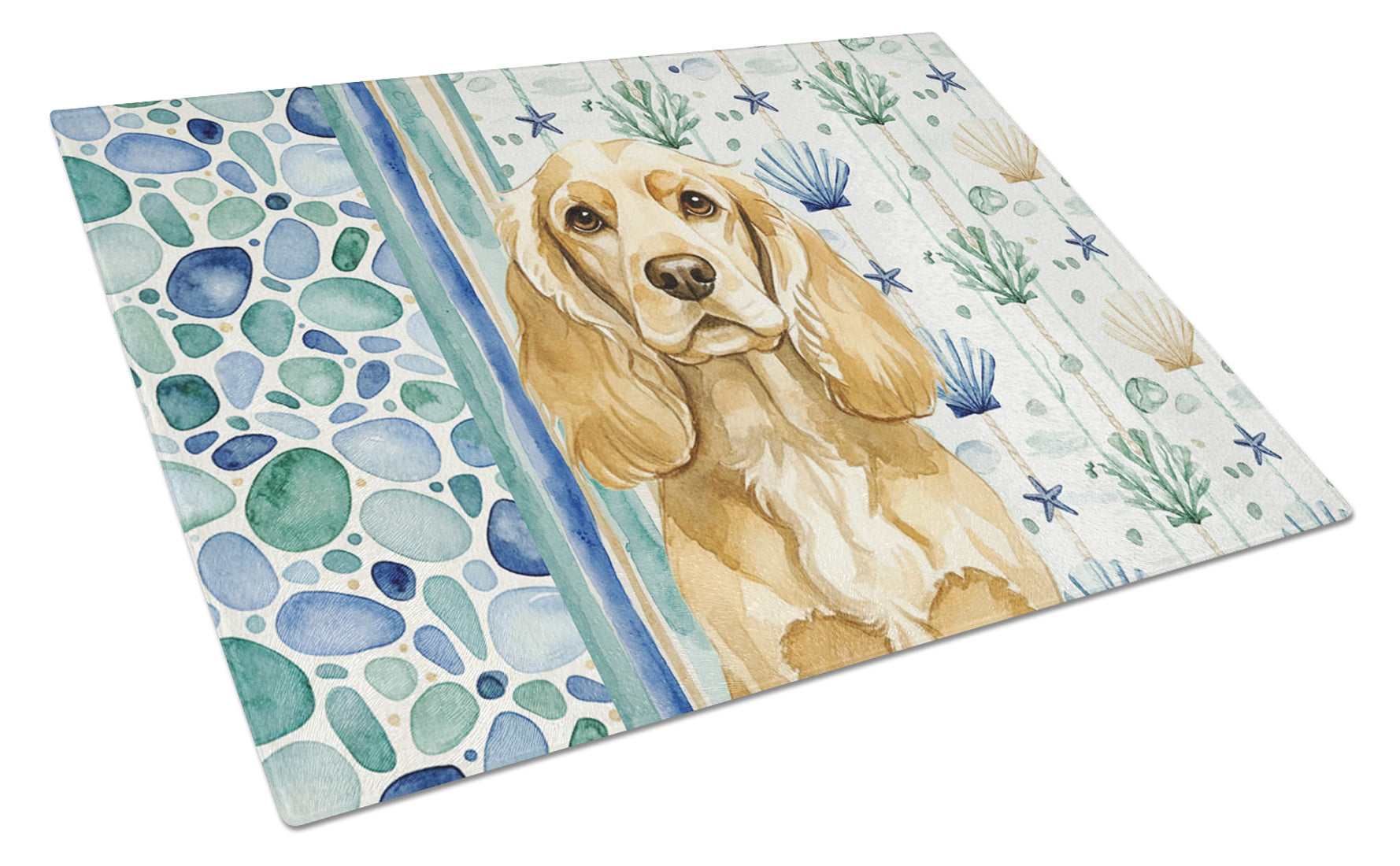 Buff Cocker Spaniel Coastal Sea Glass Cutting Board Tempered Glass Kitchen Cutting Surface, Heat Resistant Chopping, Non-Slip Feet, Food Prep & Serving