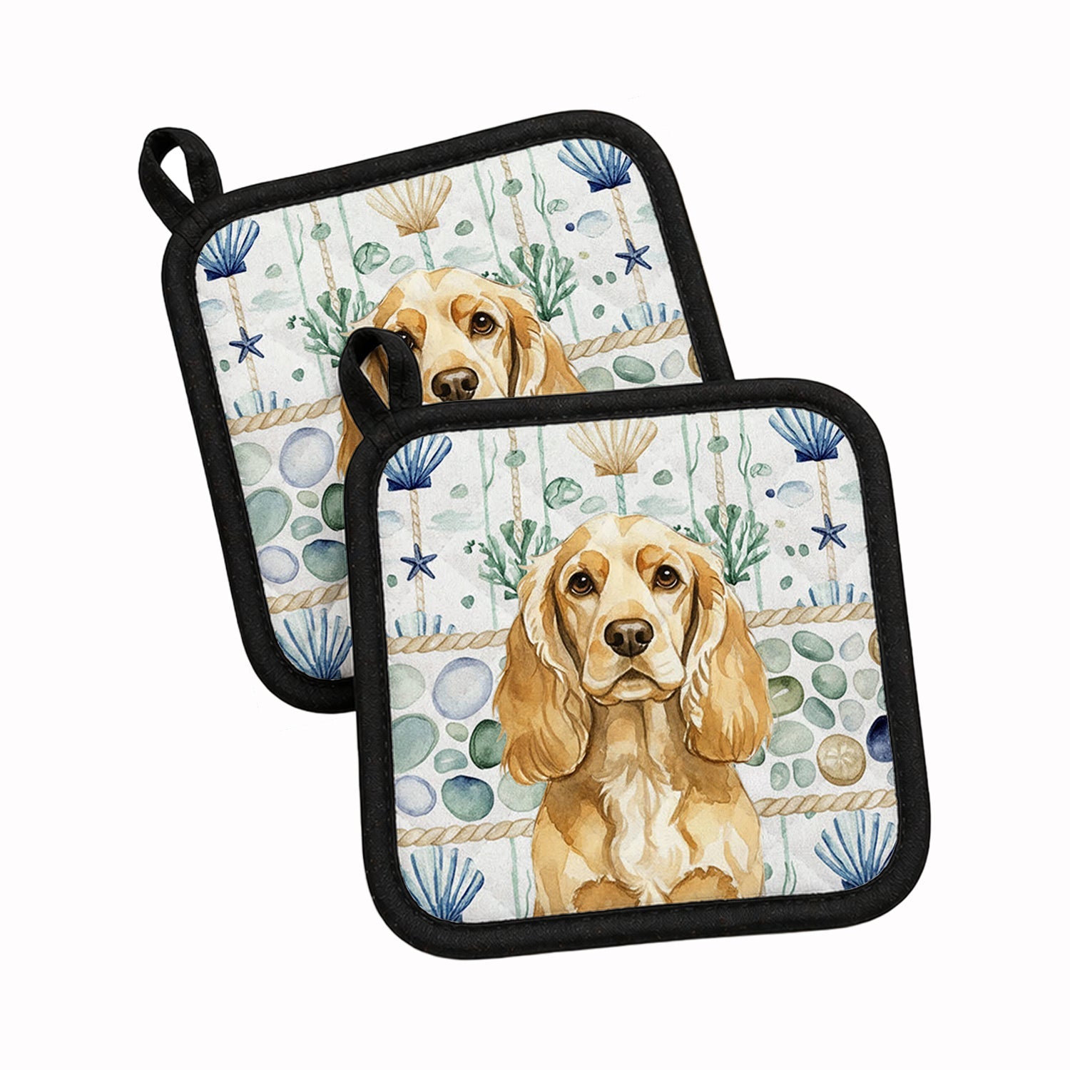 Buff Cocker Spaniel Coastal Sea Glass Pot Holder Set of 2 Heat Resistant Quilted Hot Pads 7.5 x 7.5 Inch, Insulated Kitchen Trivets for Cooking & Baking