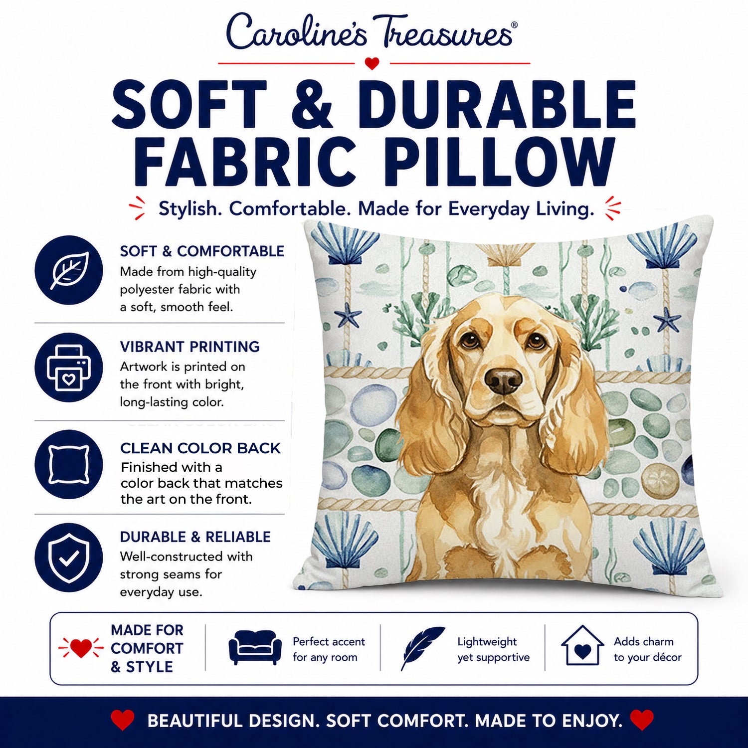 Buff Cocker Spaniel Coastal Sea Glass Decorative Throw Pillow 14x14 Indoor Outdoor Accent Cushion, Fabric Cover with Insert for Sofa, Bed, Porch & Living Room