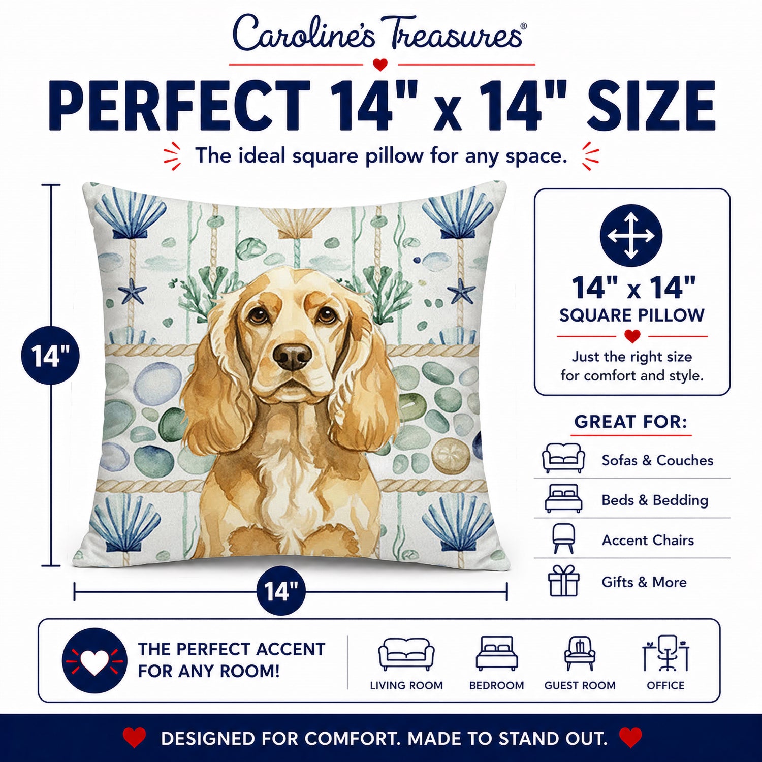 Buff Cocker Spaniel Coastal Sea Glass Decorative Throw Pillow 14x14 Indoor Outdoor Accent Cushion, Fabric Cover with Insert for Sofa, Bed, Porch & Living Room