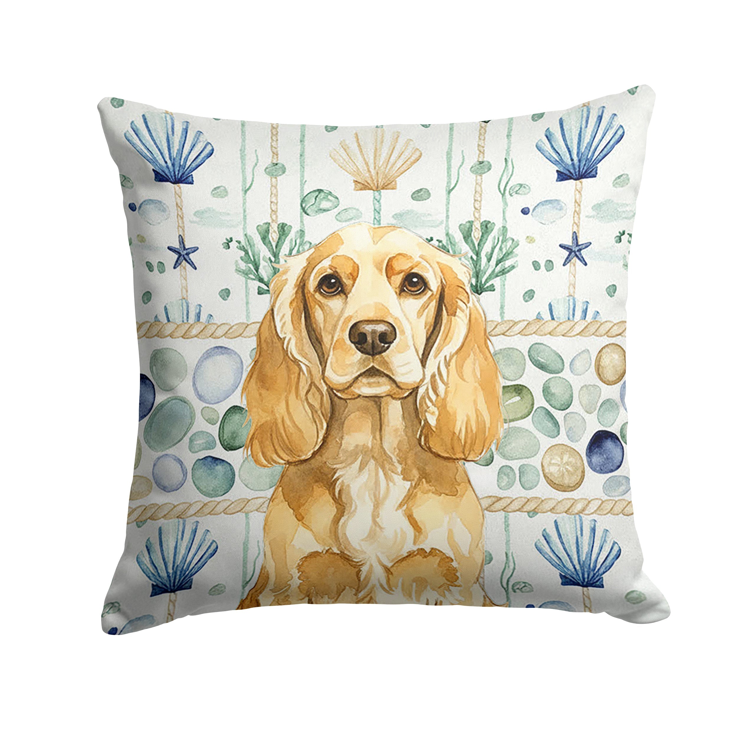 Buff Cocker Spaniel Coastal Sea Glass Decorative Throw Pillow 18x18 Indoor Outdoor Accent Cushion, Fabric Cover with Insert for Sofa, Bed, Porch & Living Room
