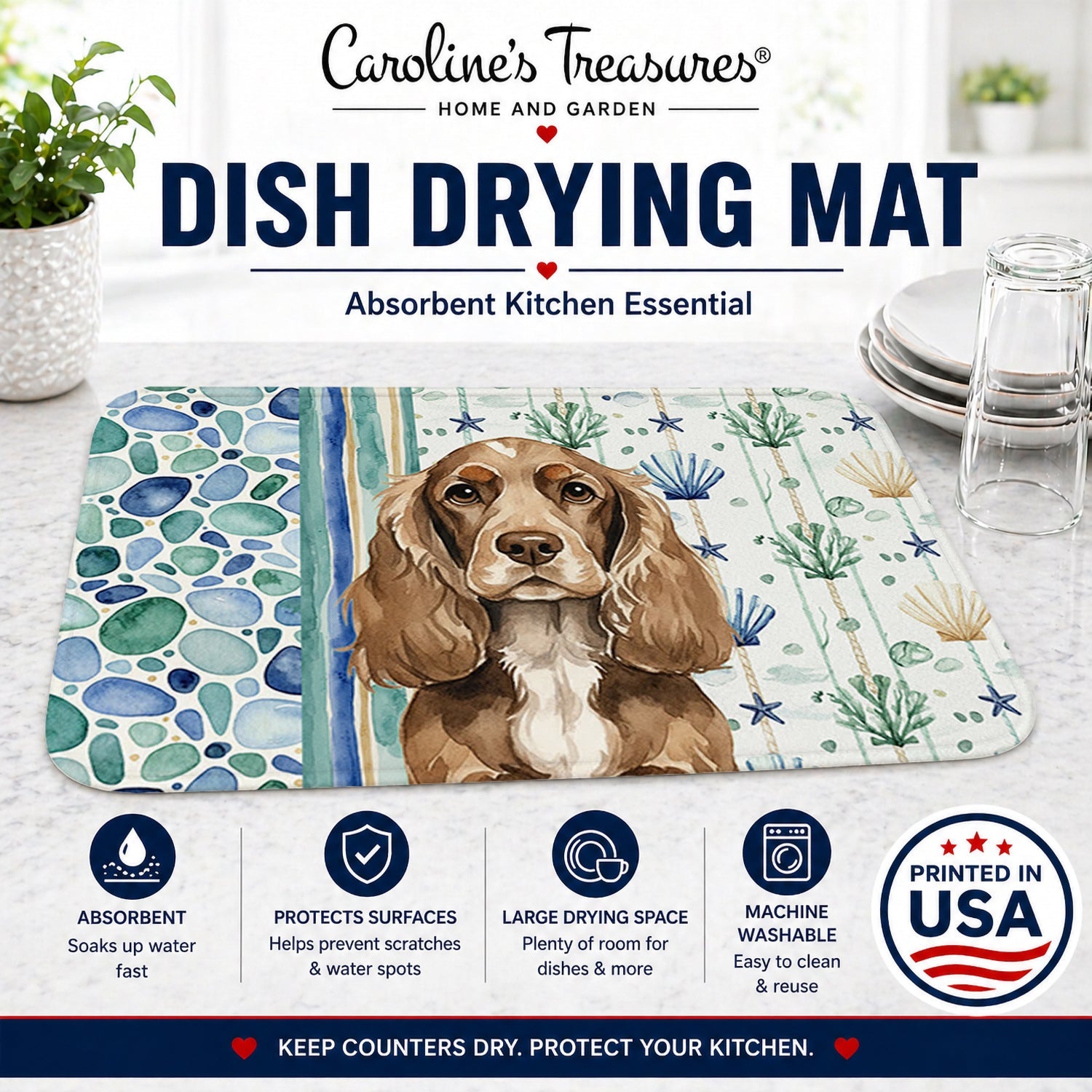 Chocolate Cocker Spaniel Coastal Sea Glass Dish Drying Mat Absorbent Dish Drying Mat Pad for Kitchen Counter Dish Drainer Mat for Countertop, 14 x 21", Multicolor