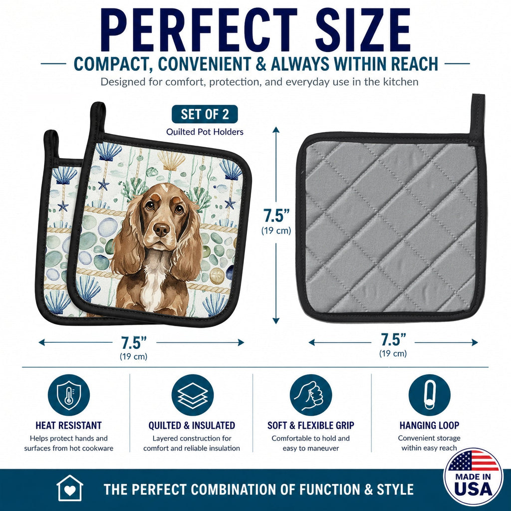 Chocolate Cocker Spaniel Coastal Sea Glass Pot Holder Set of 2 Heat Resistant Quilted Hot Pads 7.5 x 7.5 Inch, Insulated Kitchen Trivets for Cooking & Baking