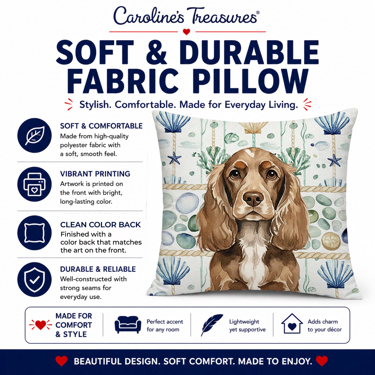 Chocolate Cocker Spaniel Coastal Sea Glass Decorative Throw Pillow 14x14 Indoor Outdoor Accent Cushion, Fabric Cover with Insert for Sofa, Bed, Porch & Living Room