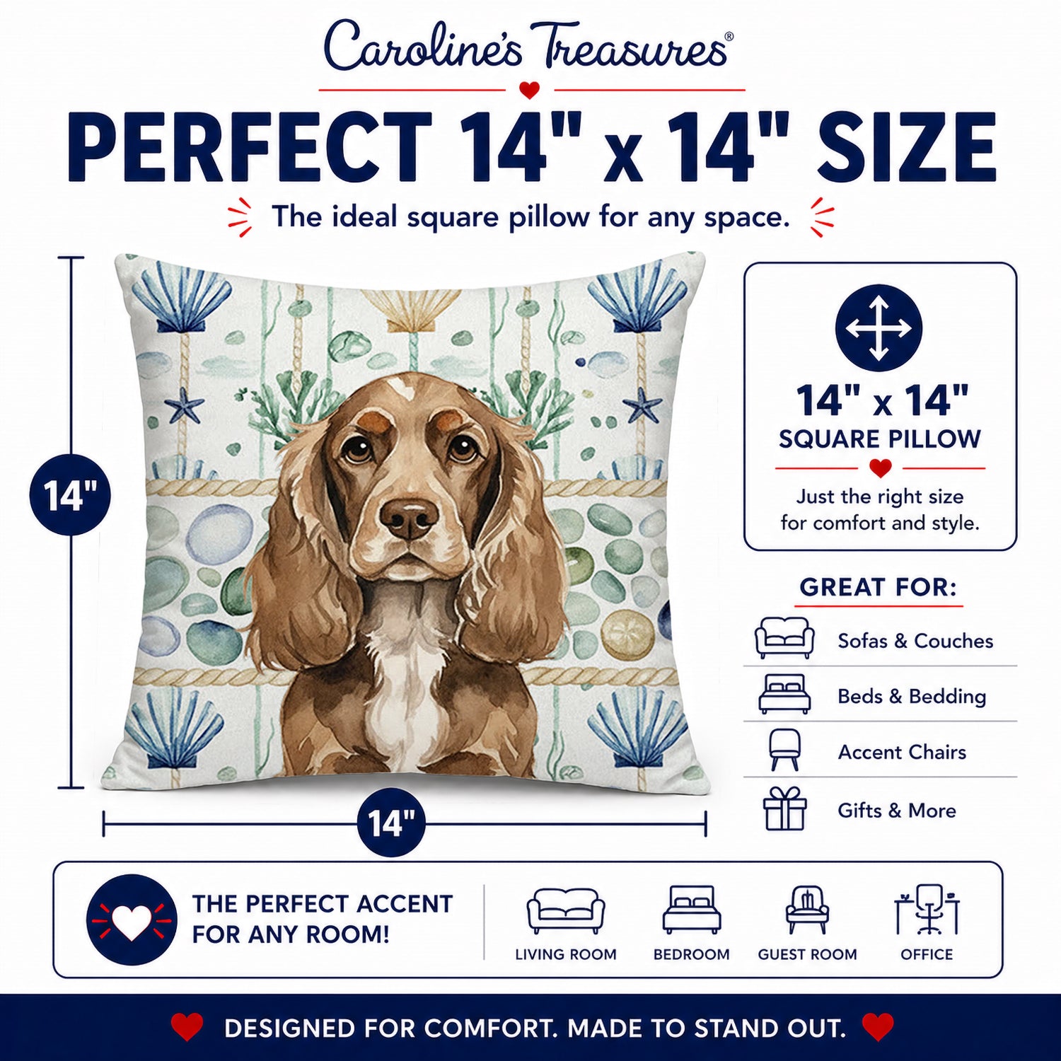 Chocolate Cocker Spaniel Coastal Sea Glass Decorative Throw Pillow 14x14 Indoor Outdoor Accent Cushion, Fabric Cover with Insert for Sofa, Bed, Porch & Living Room