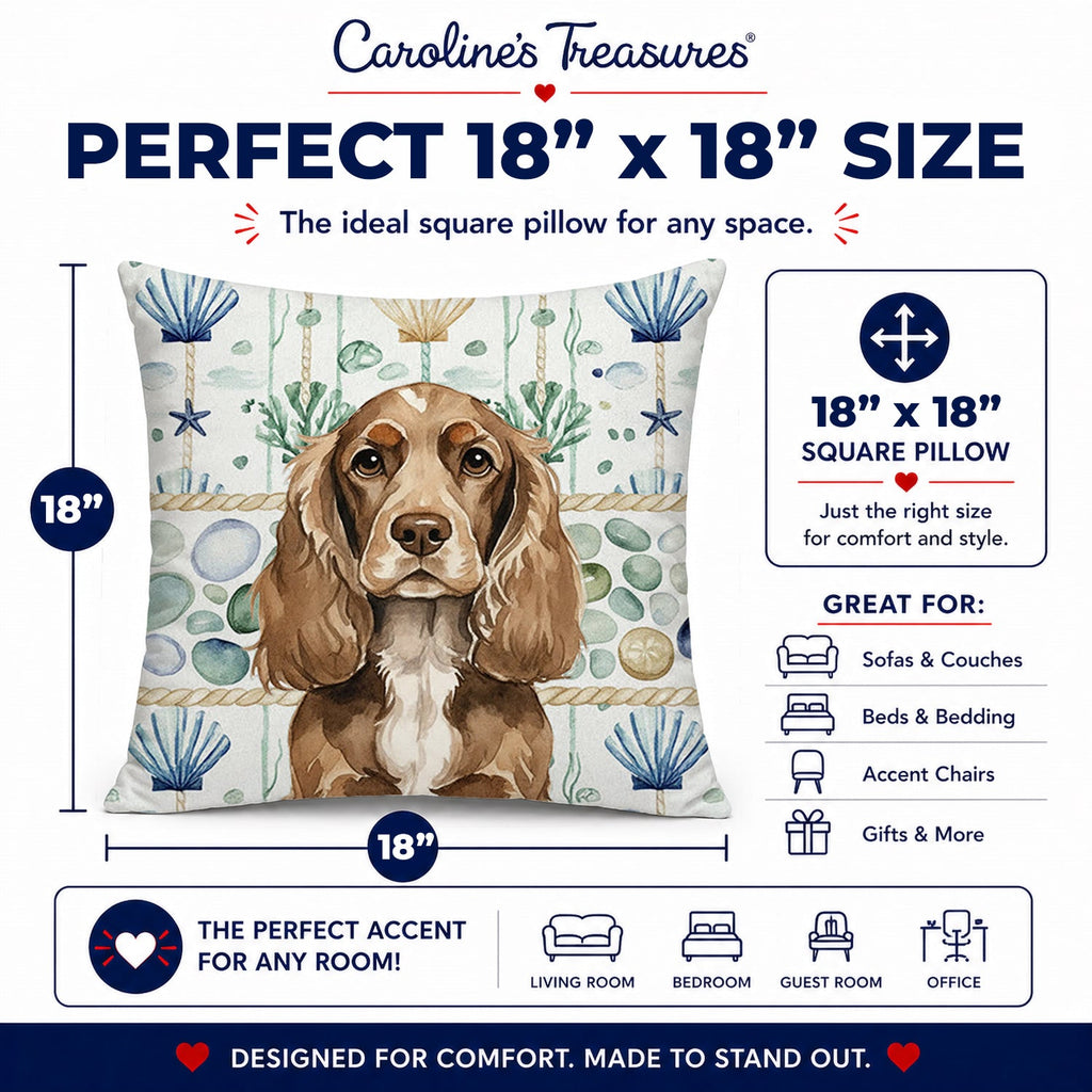 Chocolate Cocker Spaniel Coastal Sea Glass Decorative Throw Pillow 18x18 Indoor Outdoor Accent Cushion, Fabric Cover with Insert for Sofa, Bed, Porch & Living Room