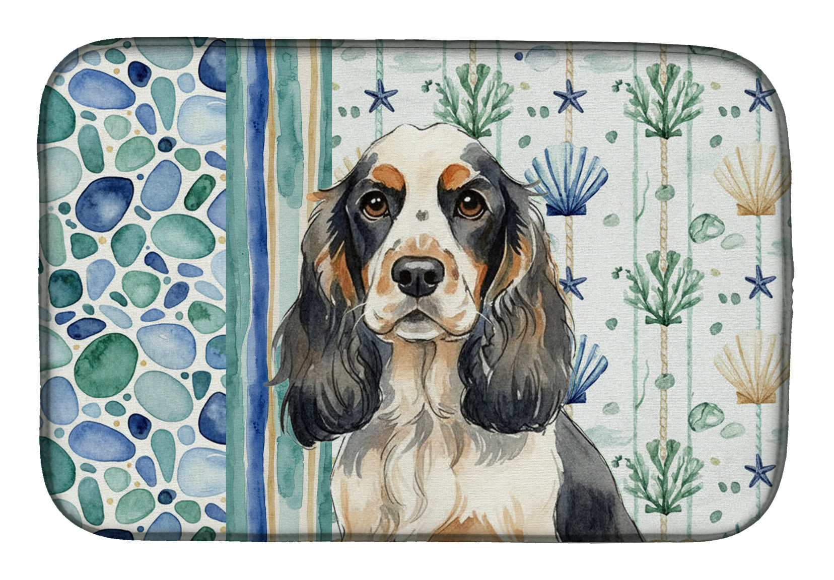Parti Cocker Spaniel Coastal Sea Glass Dish Drying Mat Absorbent Dish Drying Mat Pad for Kitchen Counter Dish Drainer Mat for Countertop, 14 x 21", Multicolor