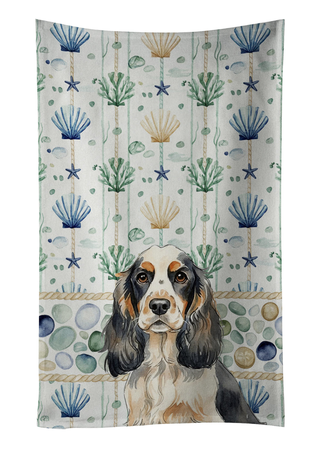 Parti Cocker Spaniel Coastal Sea Glass Kitchen Towel Velour Plush Front and Cotton Loop Back Machine Washable
