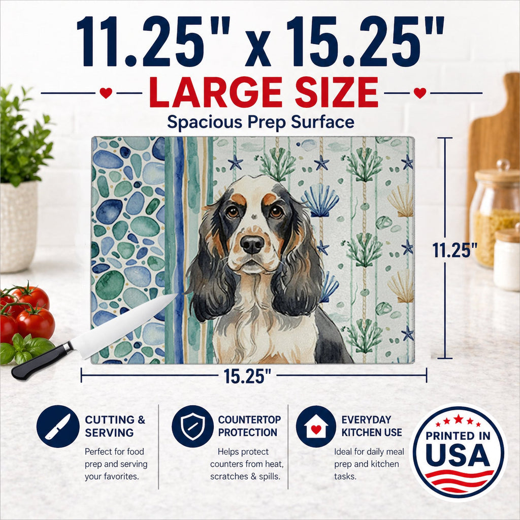 Parti Cocker Spaniel Coastal Sea Glass Cutting Board Tempered Glass Kitchen Cutting Surface, Heat Resistant Chopping, Non-Slip Feet, Food Prep & Serving