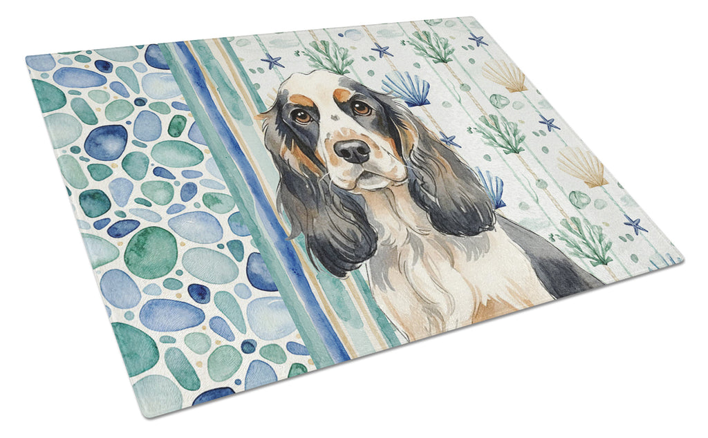 Parti Cocker Spaniel Coastal Sea Glass Cutting Board Tempered Glass Kitchen Cutting Surface, Heat Resistant Chopping, Non-Slip Feet, Food Prep & Serving