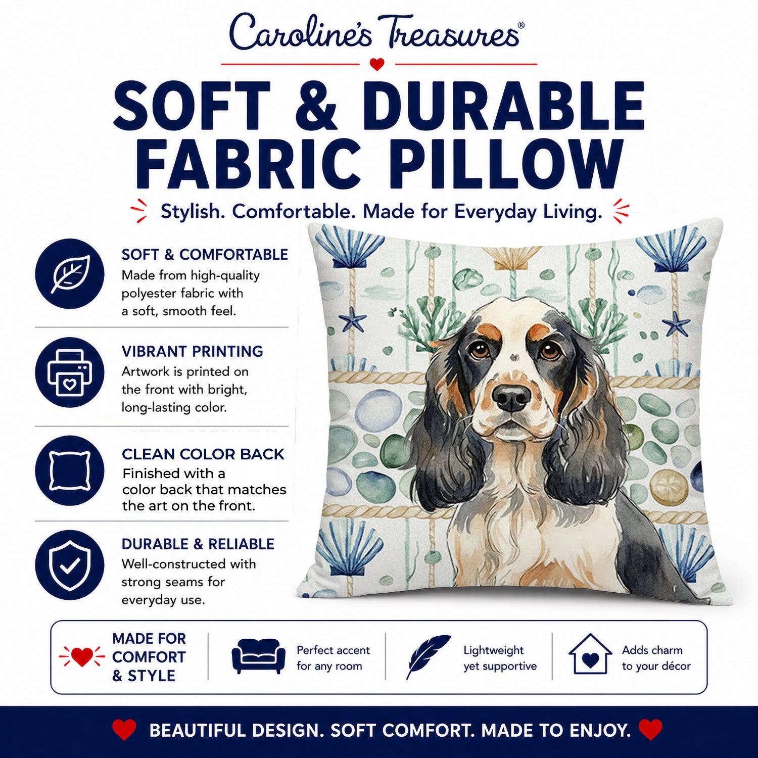 Parti Cocker Spaniel Coastal Sea Glass Decorative Throw Pillow 14x14 Indoor Outdoor Accent Cushion, Fabric Cover with Insert for Sofa, Bed, Porch & Living Room