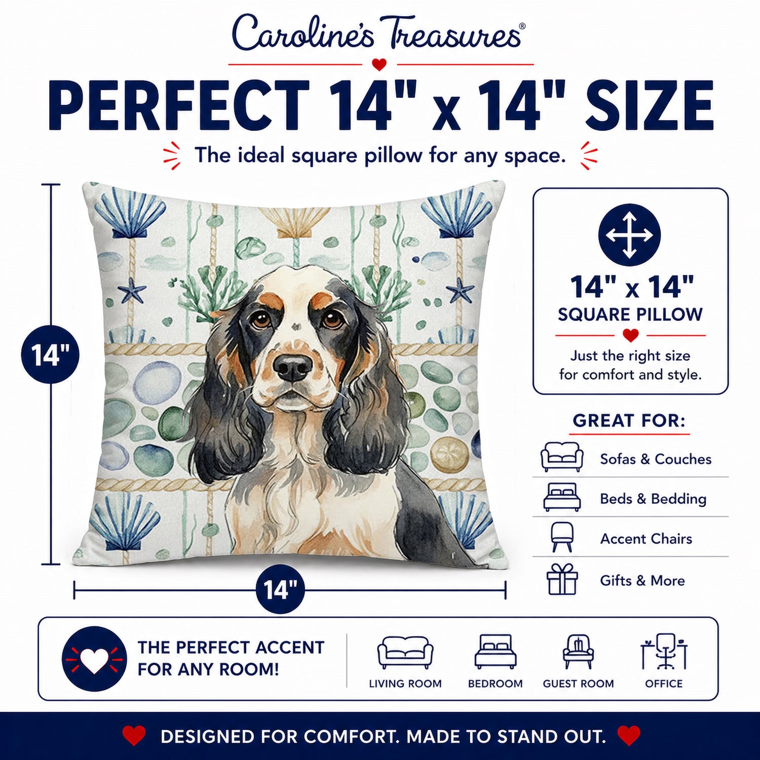 Parti Cocker Spaniel Coastal Sea Glass Decorative Throw Pillow 14x14 Indoor Outdoor Accent Cushion, Fabric Cover with Insert for Sofa, Bed, Porch & Living Room
