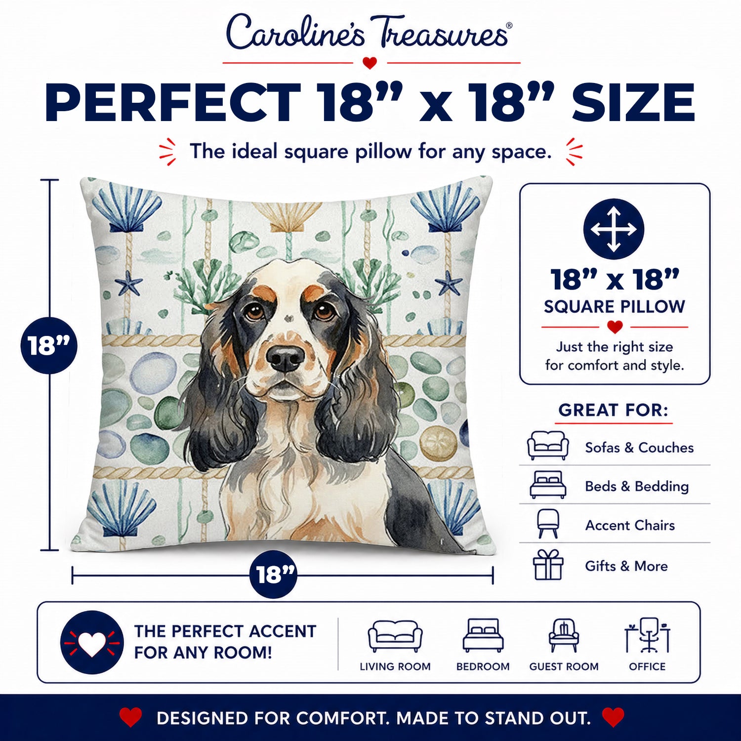Parti Cocker Spaniel Coastal Sea Glass Decorative Throw Pillow 18x18 Indoor Outdoor Accent Cushion, Fabric Cover with Insert for Sofa, Bed, Porch & Living Room