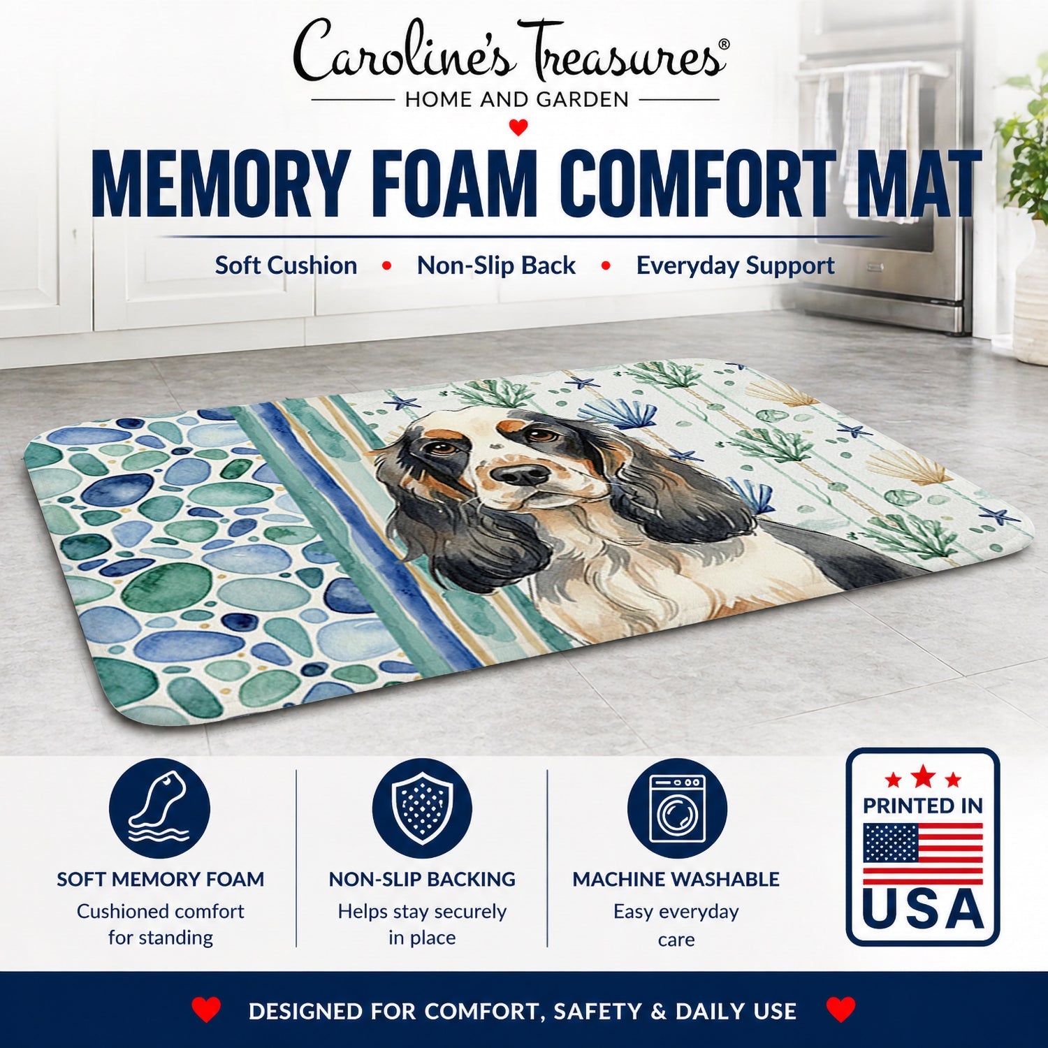 Parti Cocker Spaniel Coastal Sea Glass Memory Foam Kitchen Mat Machine Washable Anti-Fatigue Cushion Comfort Bath or Kitchen Rug