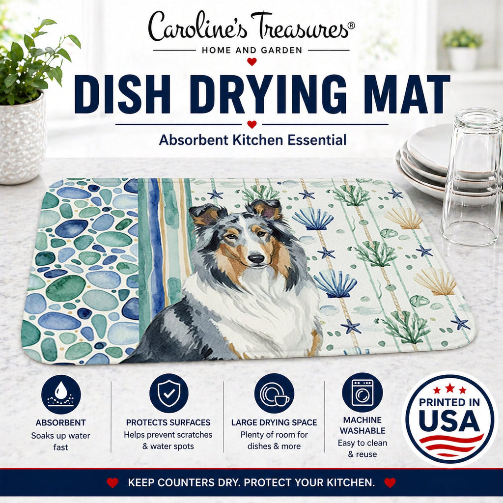 Blue Merle Collie Coastal Sea Glass Dish Drying Mat Absorbent Dish Drying Mat Pad for Kitchen Counter Dish Drainer Mat for Countertop, 14 x 21", Multicolor